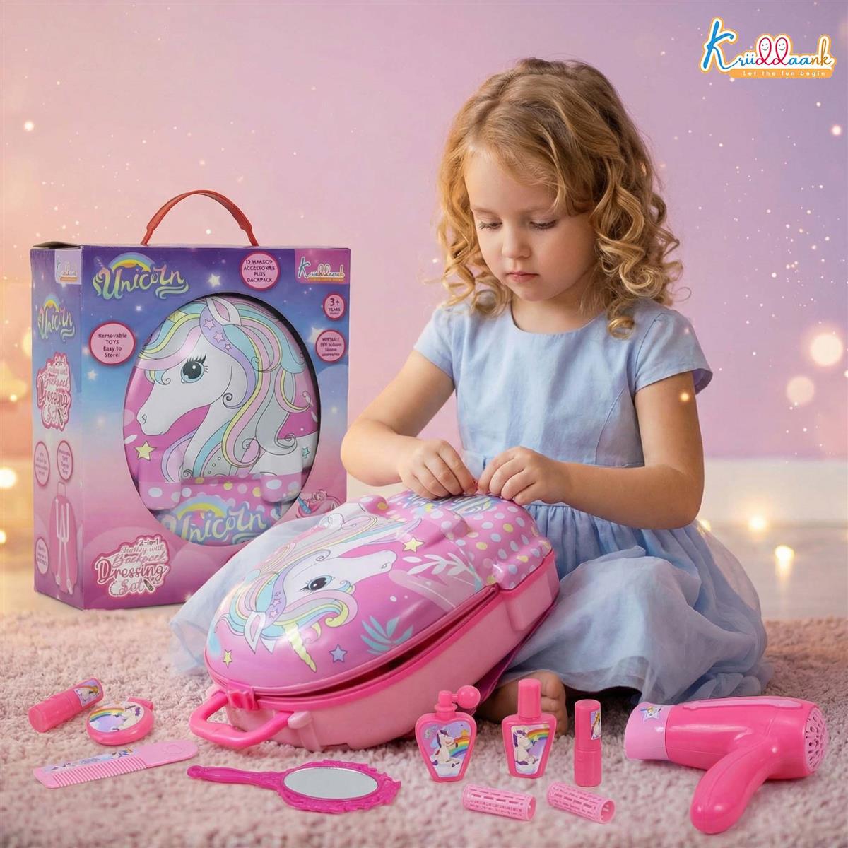 Unicorn Backpack Dressing & Makeup Gift Set for Kids - 2-in-1 Portable Trolley Pretend Play Vanity Kit with Electronic Hair Dryer & 13 Accessories - Ideal Birthday Gift for Girls 3+ Years