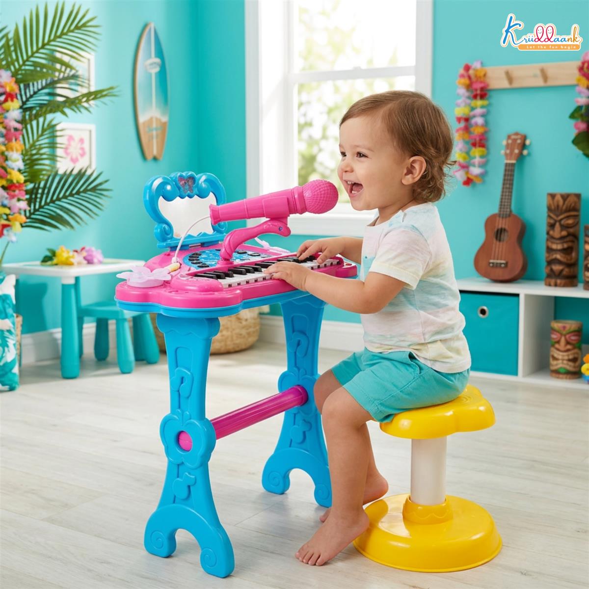 Disney Stitch Theme Little Pianist Keyboard Set for Kids - 25 Keys Piano with Microphone, Stool, & Dress-Up Accessories - Karaoke Function, USB/Battery Powered Musical Toy for Boys & Girls 3+