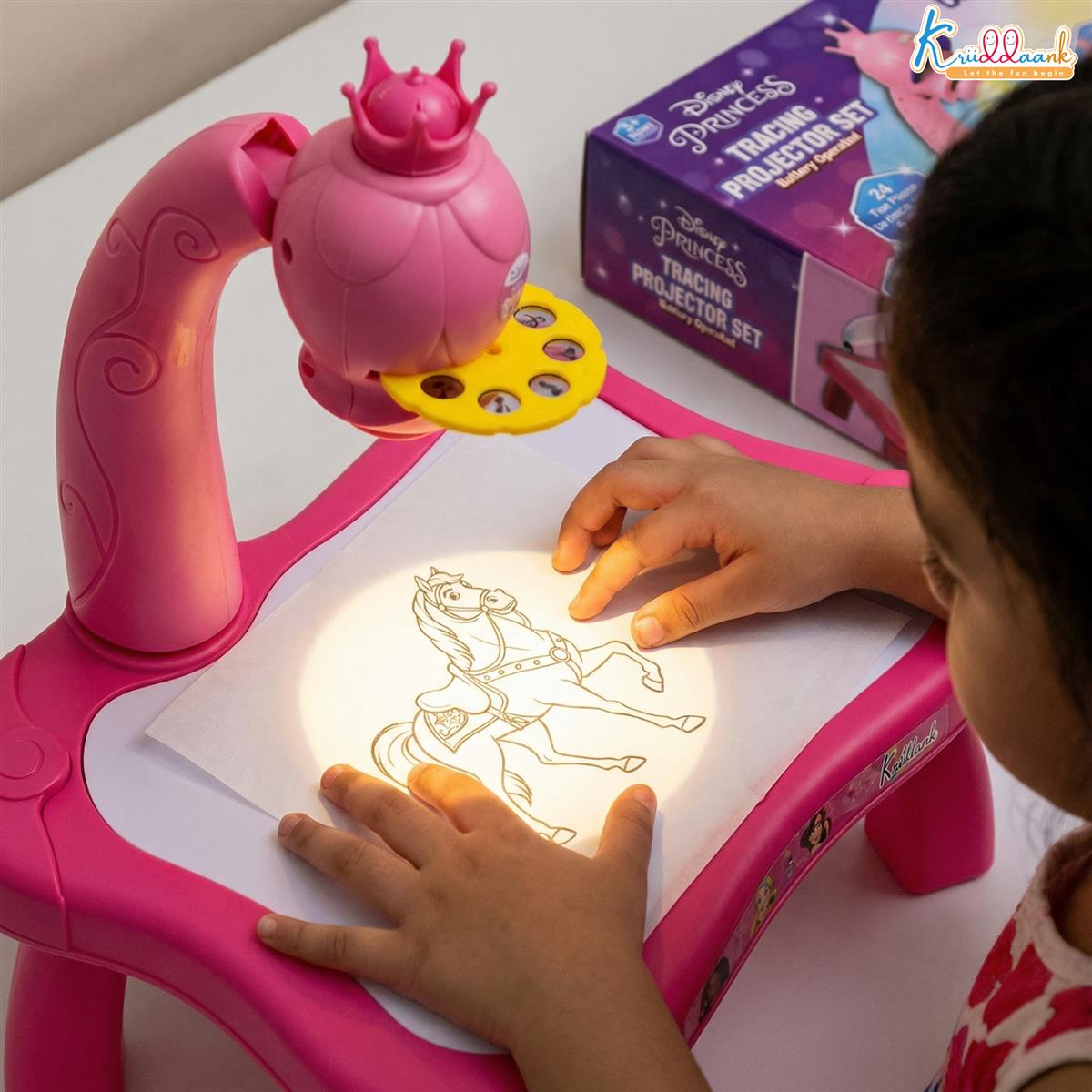 Kriiddaank Disney Princess Tracing Projector for Kids - Drawing Set with 24 Patterns, Stencils & Markers - Creative Art Toy for Girls 3+ Years, Adjustable Focus, Pink Battery Operated Drawing Desk