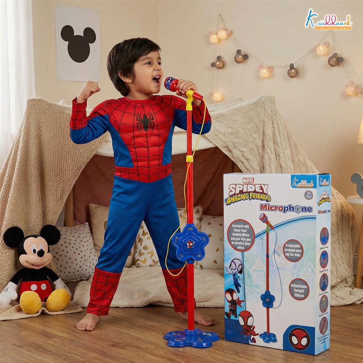 Spiderman Microphone Stand for Kids - Portable Karaoke Set with Adjustable Stand (up to 106cm), Bluetooth & USB Connectivity - Musical Singing Toy for Boys & Girls Age 3+
