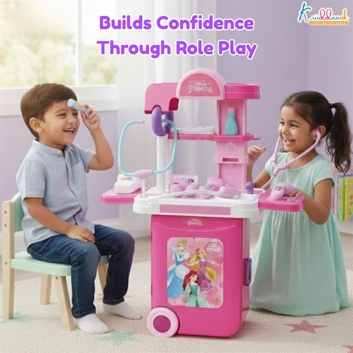 Kriiddaank Disney Princess Doctor Set for Kids - Portable Medical Trolley with Stethoscope & Lights, 9-Piece Educational Pretend Play Toy Kit for Girls Aged 3+, Pink