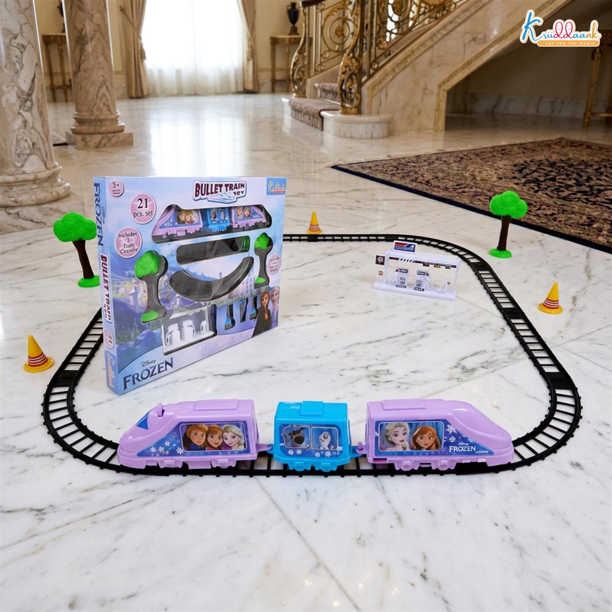 Kriiddaank Frozen Theme Train Set - Disney Elsa & Anna Battery Operated Toy Playset for Girls, 21 Pieces Easy-to-Assemble Tracks with Sound Effects, Educational Gift for Kids 3+ Years, Turkish Blue