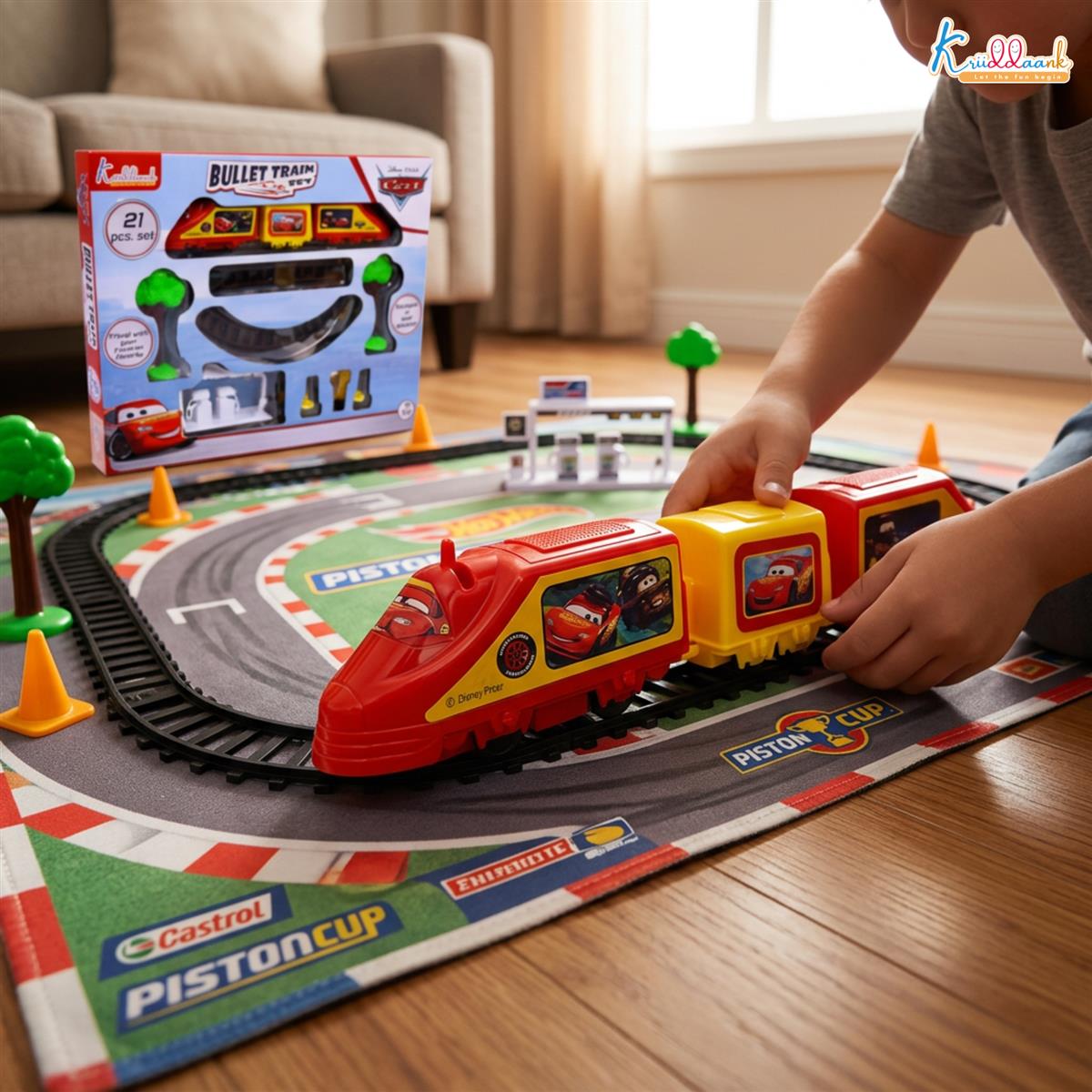 Kriiddaank Disney Pixar Cars Electric Bullet Train Set - Lightning McQueen & Friends Theme, Diecast Metal Miniature Realistic Railway Playset, Battery Operated Toy for Kids 3+ (Multicolor)