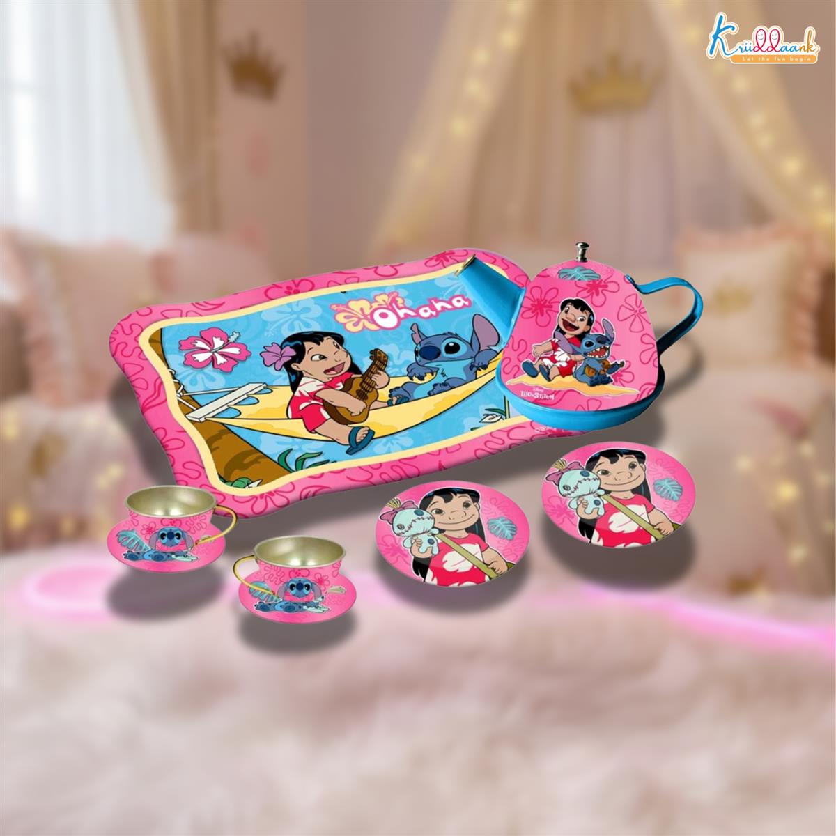 Stitch Kids Metal Tea Set - 14-Piece Pretend Play Tea Party Set with Teapot, Cups, Saucers & Serving Tray - Durable Tin Toys for Boys & Girls Ages 3+ Years - Perfect Gift for Stitch Fans