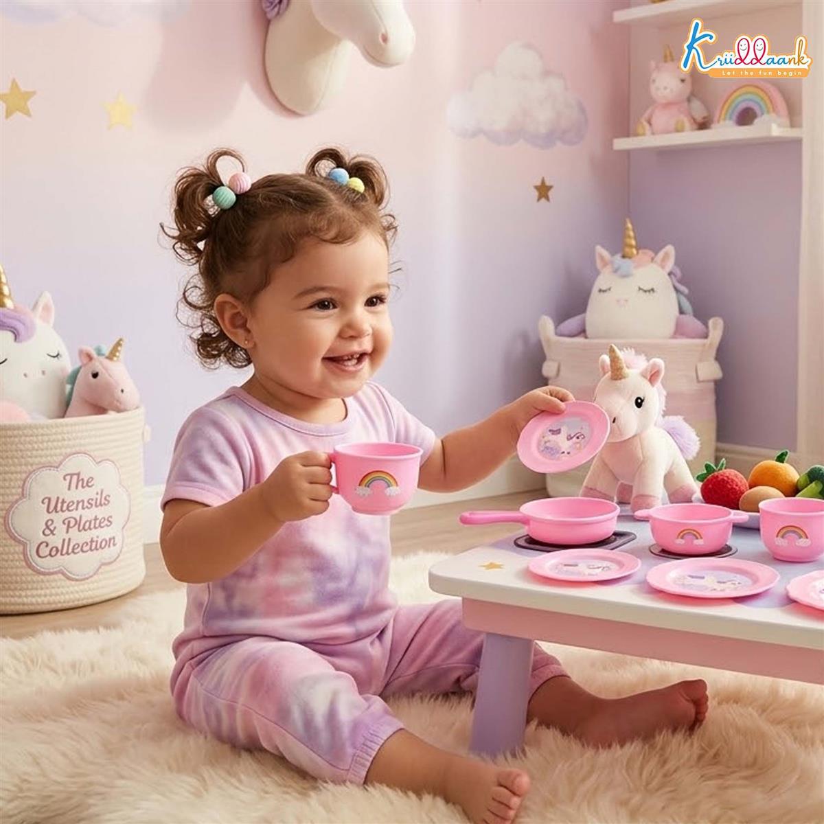 Kriiddaank Unicorn Backpack Kitchen Set for Kids - 21 Pcs Pretend Play Cooking & Baking Toy with Music - Portable Chef Suitcase Gift for Girls & Boys Age 3+ - Educational Role Play Kitchen Kit