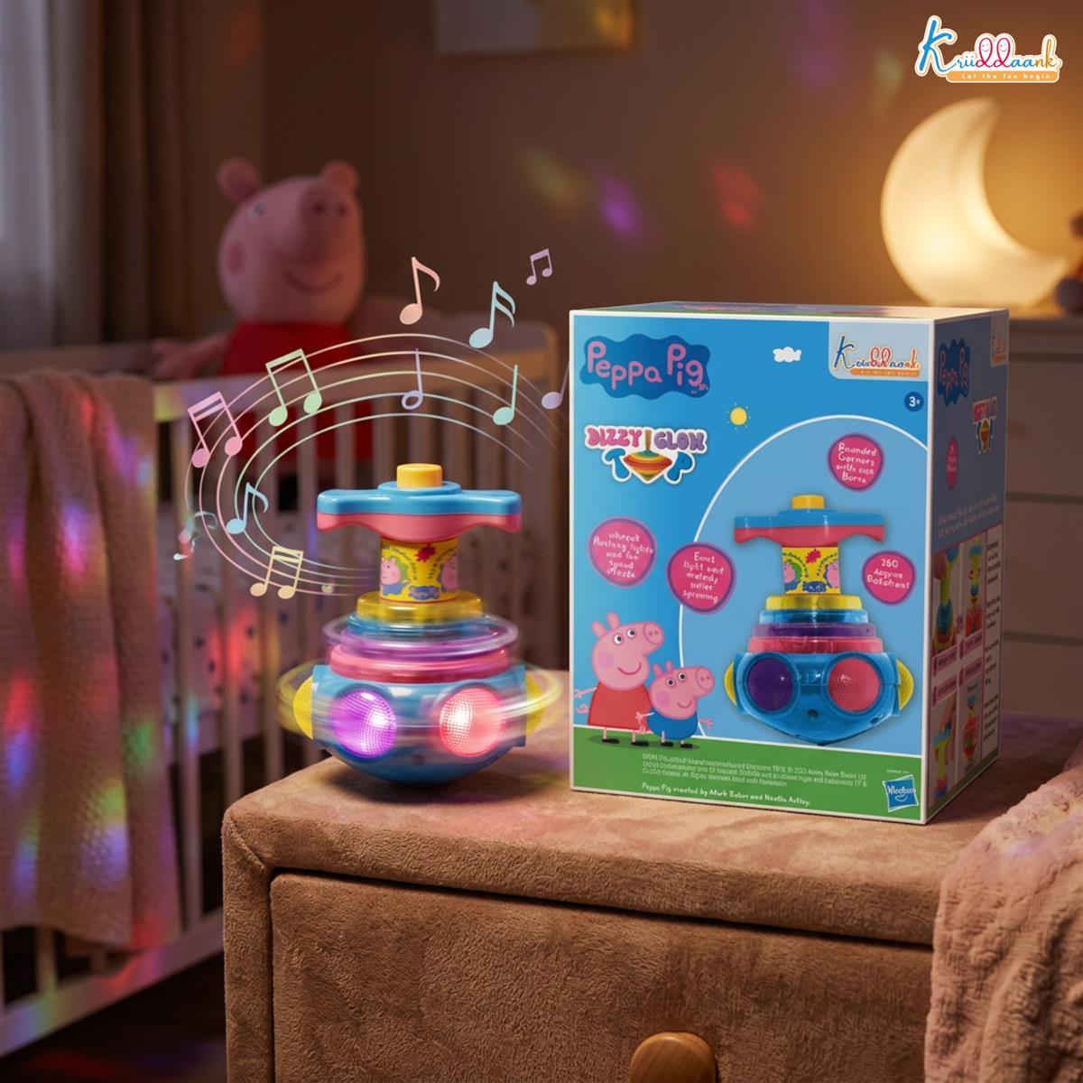 Peppa Pig Dizzy Glow Top - Musical Spinning Top Toy with LED Flashing Lights, 360 Degree Rotation Magic Spinner Lattoo for Kids Boys & Girls, Easy Twist & Play, 3+ Years (Pink)