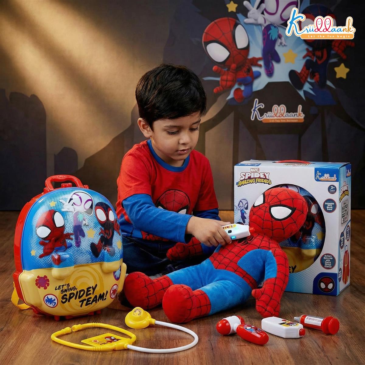 Spiderman Battery Operated Doctor Suitcase Play Kit for Kids 3+ Years - 2-in-1 Backpack Medical Set with Light & Sound Stethoscope, 8 Realistic Pieces, Pretend Play Roleplay Toy for Boys - Blue