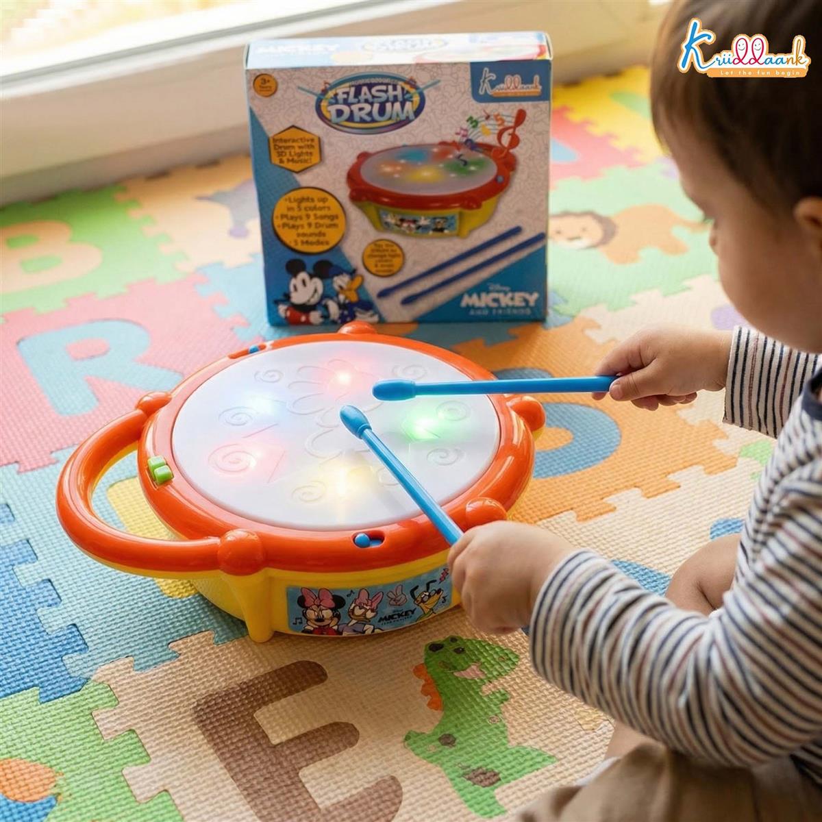 Disney Mickey Mouse Flash Drum Musical Toy for Kids - Interactive 3D Lights, 9 Songs & 9 Drum Sounds, 3 Play Modes - Educational Musical Instrument for Toddlers 3+ Years