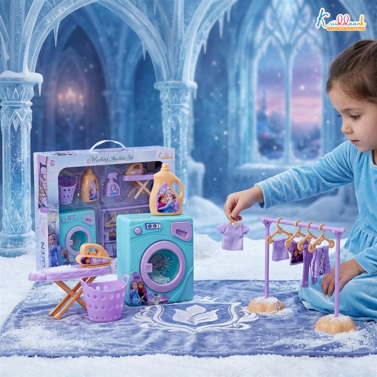 Kriiddaank Frozen Theme Washing Machine Toy Set for Kids - 11-Piece Interactive Disney Magic Home Appliances Pretend Play for Toddlers - Music & Educational Role Play Laundry Set - Ages 3+