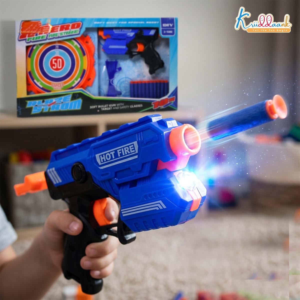 Kriiddaank X Hero Soft Bullet Blaster Gun Toy for Kids with 10 Foam Darts, Target Board, and Safety Glasses | Long Range Single-Shot Shooting Playset | Ideal Gift for Boys & Girls 3+ Years