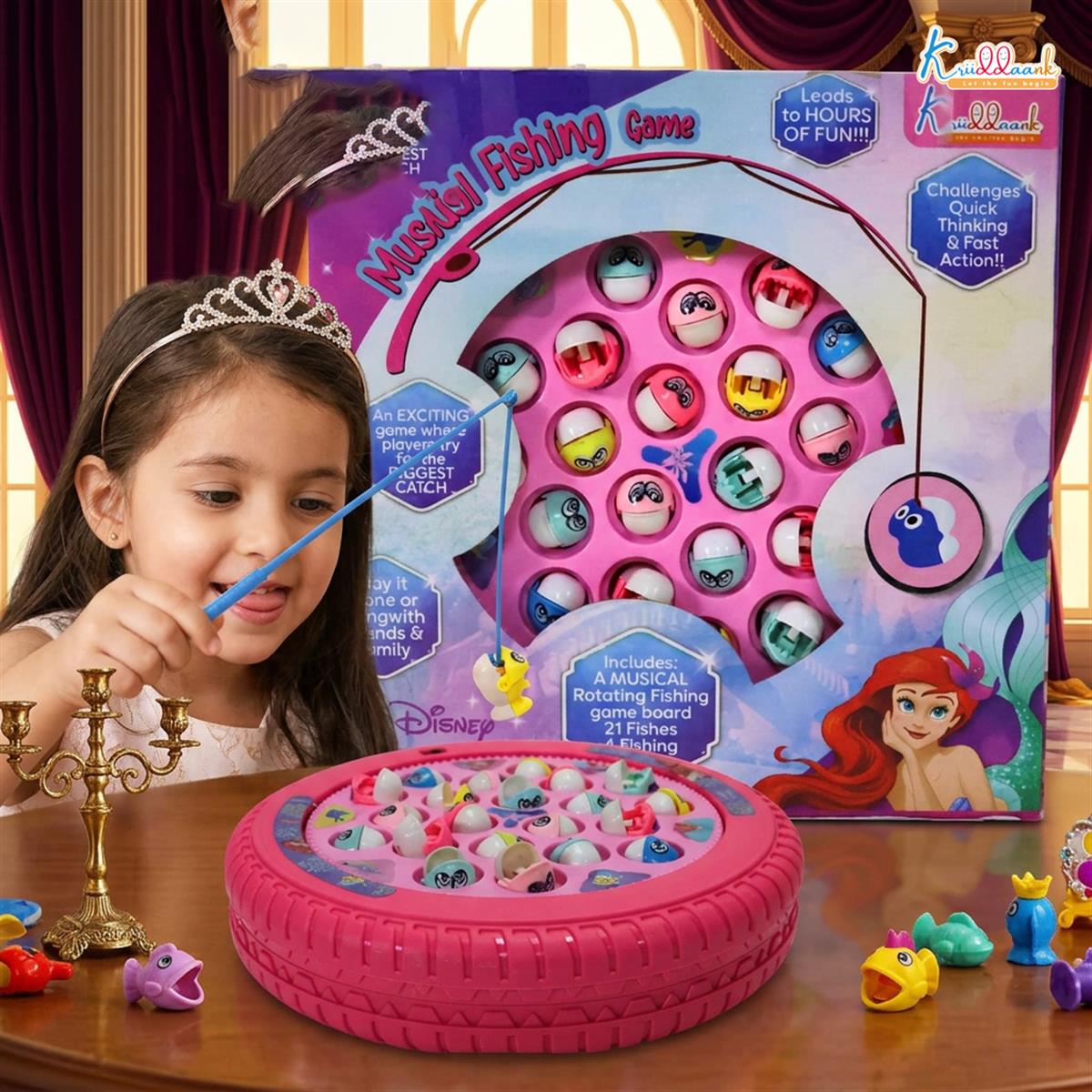 Princess Musical Fishing Game - Rotating Underwater Adventure Board with Music & 21 Fishes | 4 Fishing Poles | Pink Battery-Operated Educational Toy for Kids Aged 3+ Years