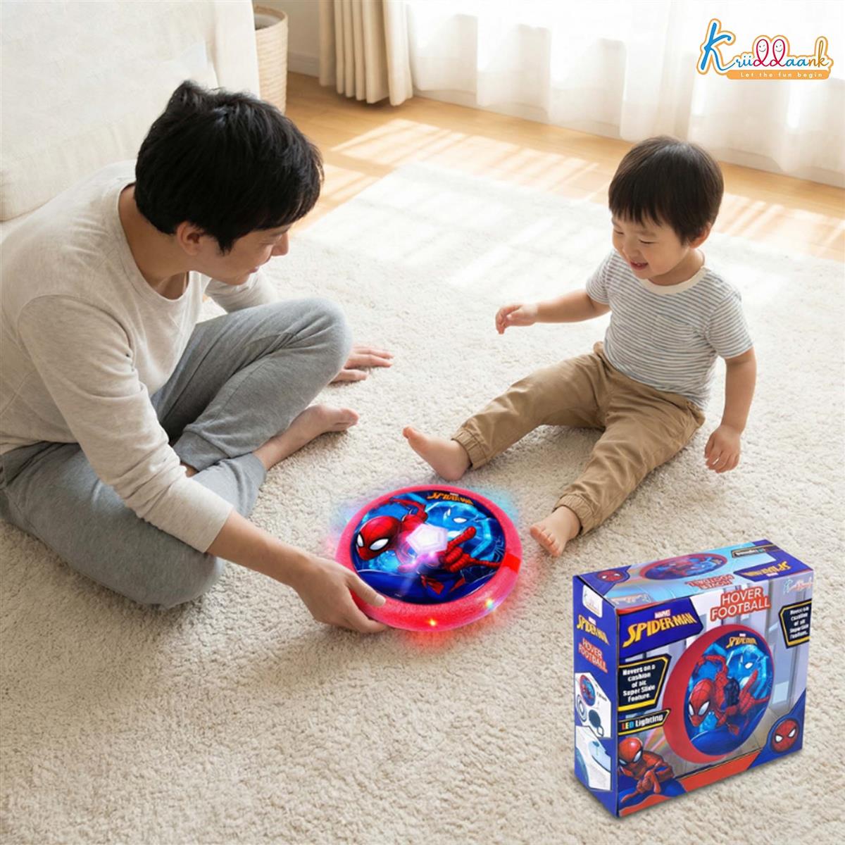 Spiderman Hover Football Toy for Kids - Air Power Indoor Soccer Ball with LED Lights & Soft Foam Bumper - Safe Floor Glider for Home Play - Superhero Themed Birthday Gift for Boys and Girls 3+