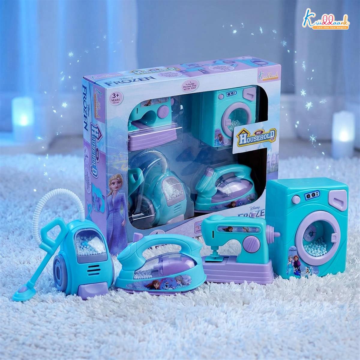 Frozen Theme Household 4pc Role Play Set - Includes Washing Machine, Vacuum Cleaner, Iron & Hair Dryer | Battery Operated Lights & Interactive Play | Non-Toxic Educational Toy for Kids 3+ Years