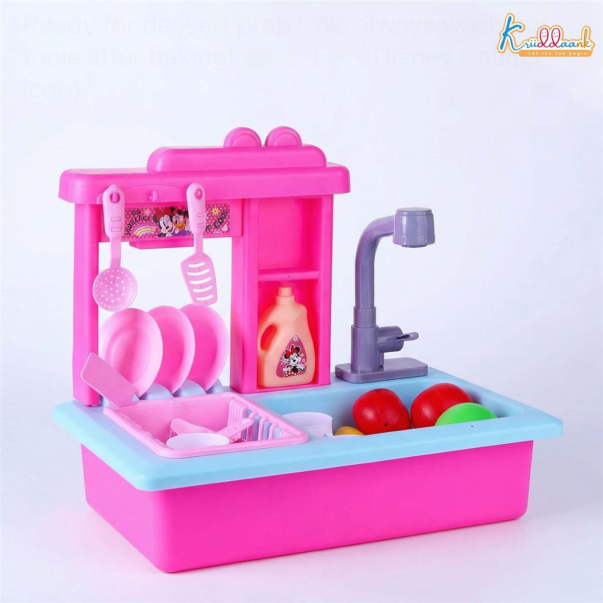 Kriiddaank Minnie Toy Kitchen Sink for Kids - Pretend Play Sink with Electric Faucet & Running Water, 22-Piece Kitchen Accessories Set, Pink Role Play Toy Set for Toddlers and Girls 3+ Years