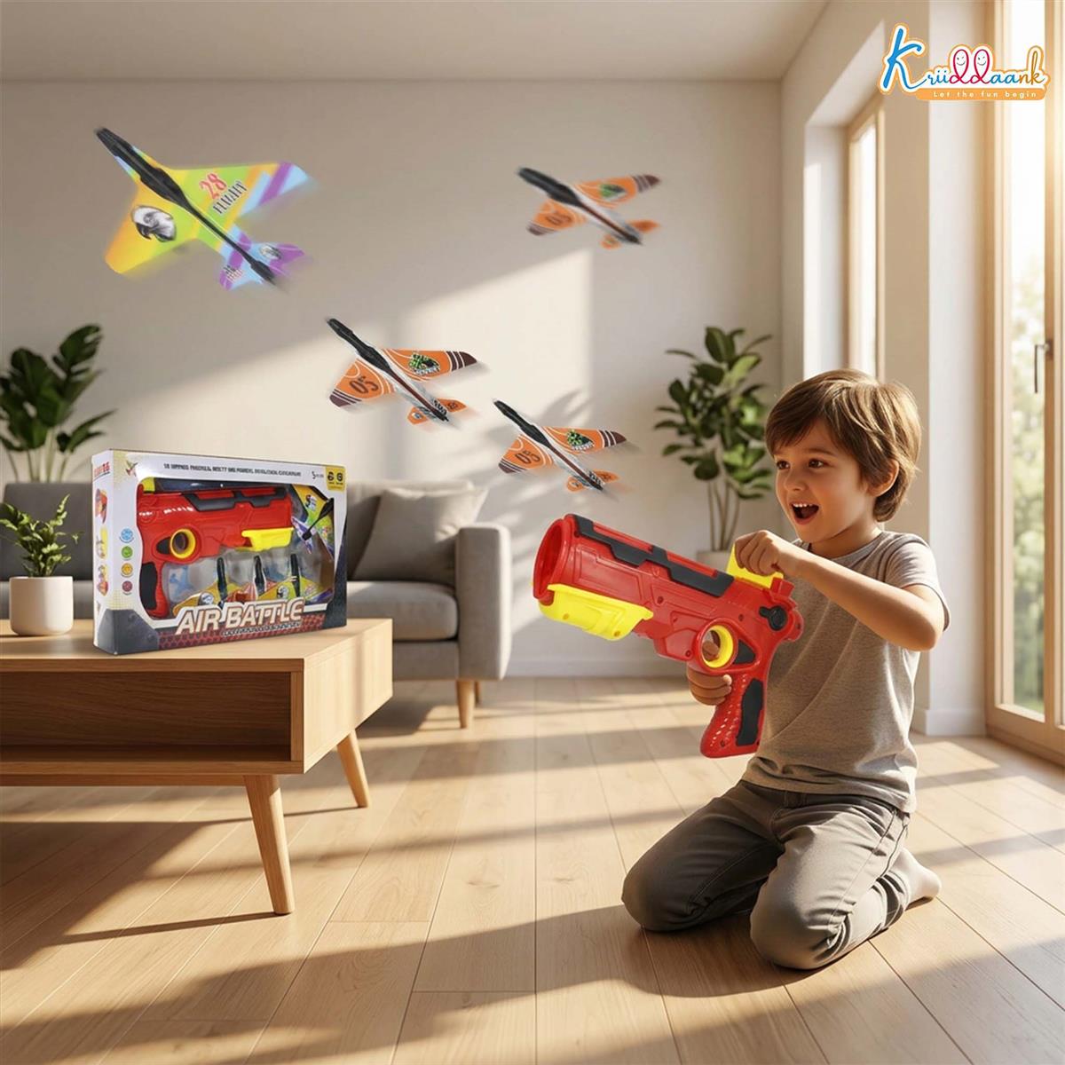 Kriiddank Bullet Airplane Launcher Gun Playset with Sound for Kids | Soft Bullet Blaster Toy with 4 Foam Glider Planes | Safe & Fun Shooting Action Toy for Boys & Girls 3+ Years Old