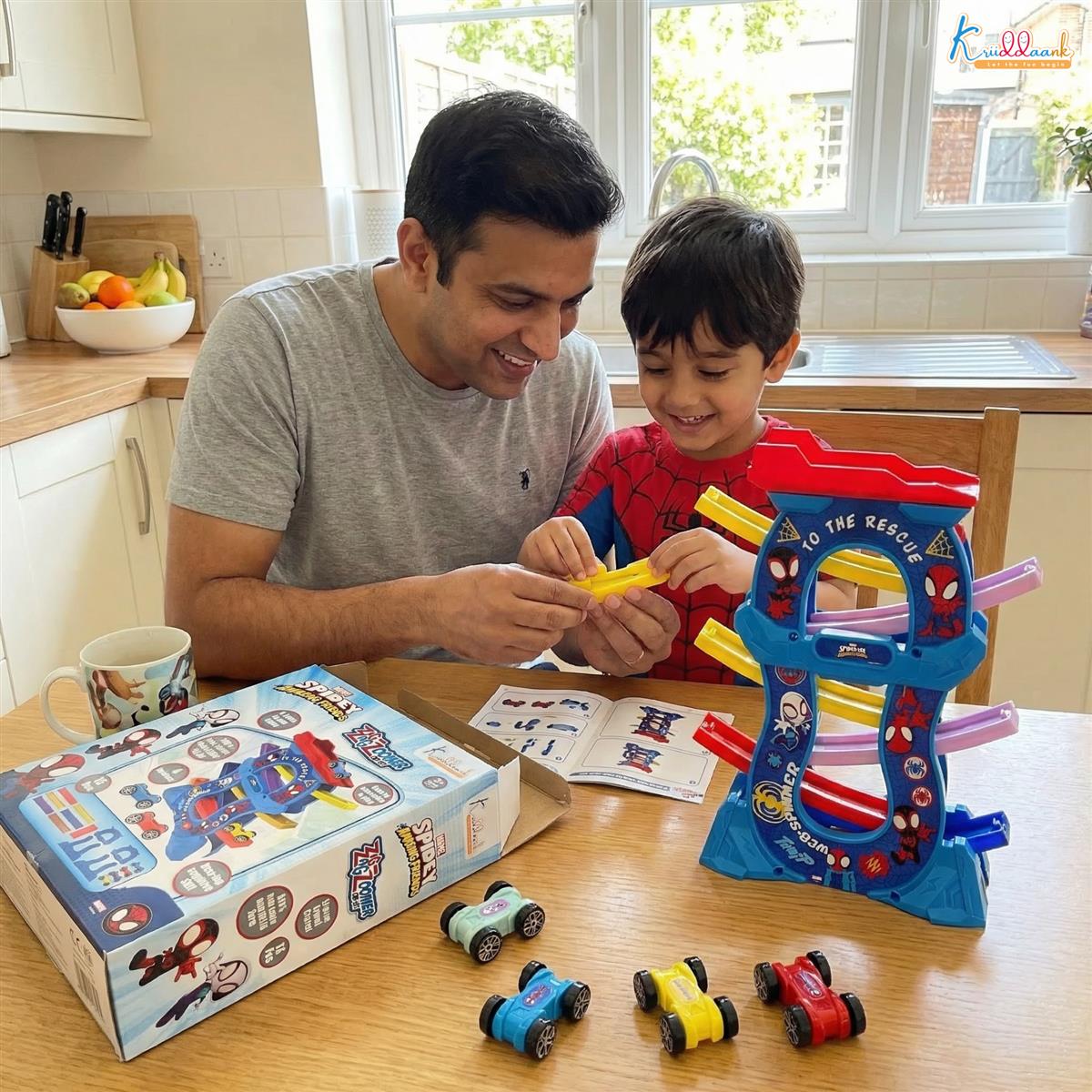 Zig Zag Zoomer Spiderman Ramp Racer Car Set for Kids 3+ Years - 6-Level Zig-Zag Racing Track with 4 Vehicles - 16 Pcs Battery Operated Educational Toy - Non-Toxic Blue Car Playset