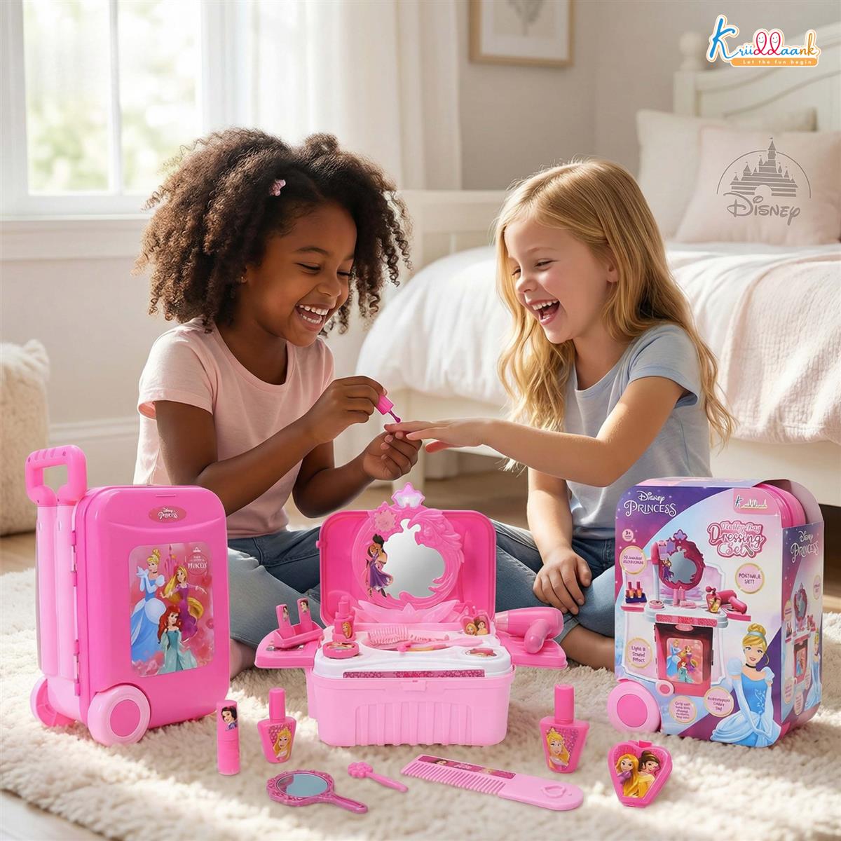 Kriiddaank Disney Princess Dressing Set & Beauty Makeup Kit with Trolley for Girls - 15 Pcs Pretend Play Toy with Music, Lights & Sound - Safe, Interactive Styling Kit for Kids Ages 3+