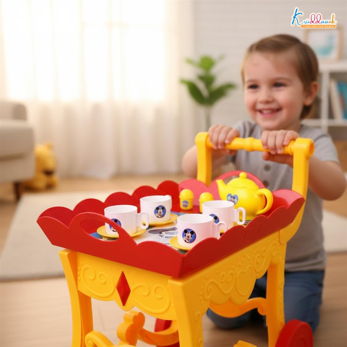 Mickey Tea Trolley - 32 Pcs Disney Character Pretend Play Tea Set for Kids with Lights, Sounds, Electronic Kettle & Saucers, Fun Educational Kitchen Toy for Boys & Girls Age 3+, Red