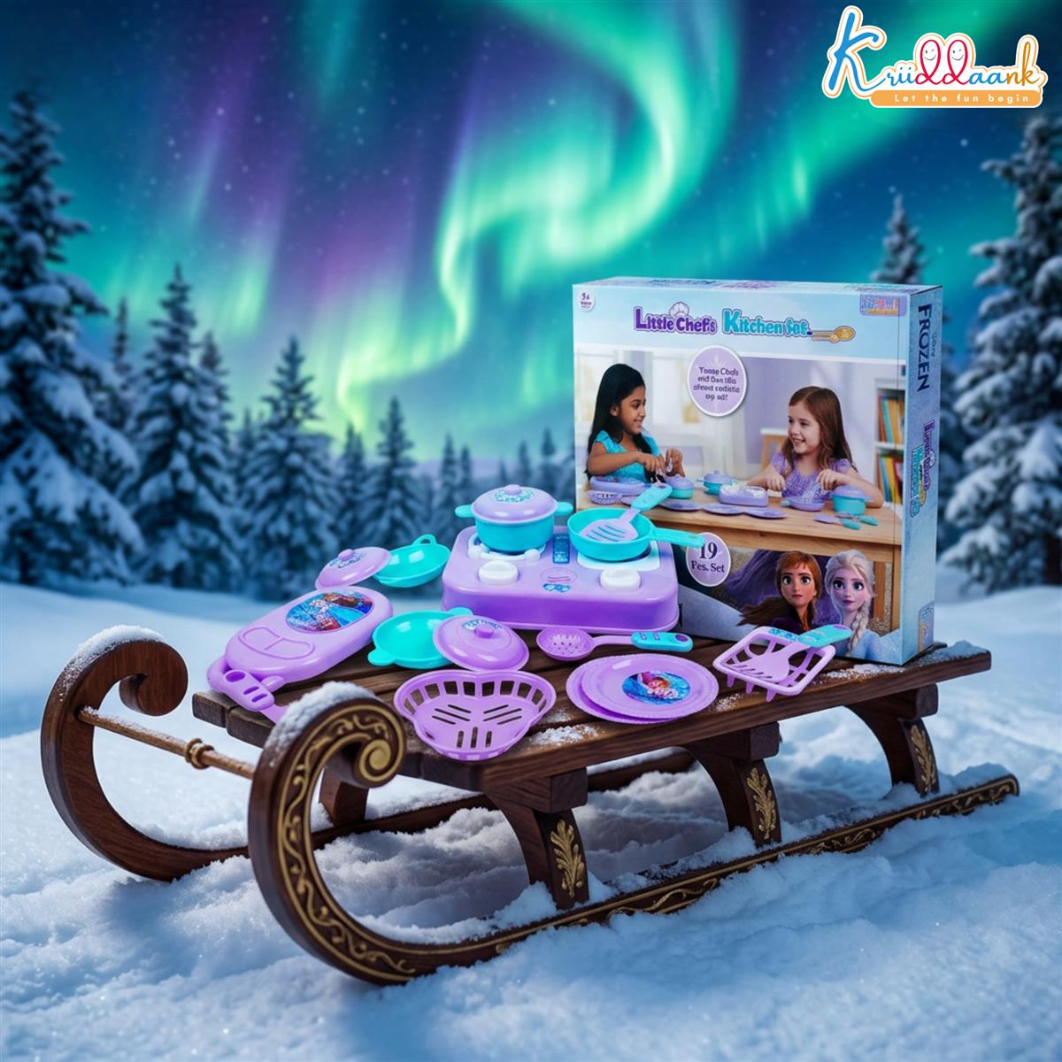 Kriiddaank Frozen Little Chef Kitchen Set for Kids - 19 Pcs Princess Theme Pretend Play Cooking Toy Set - Non-Electronic Safe Educational Kitchen Toys for Girls & Boys Ages 3+ Years