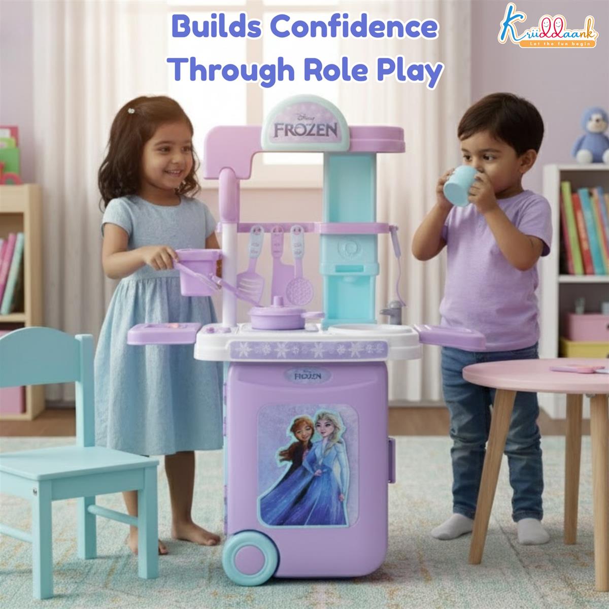 Kriiddaank Frozen Theme Kitchen Set for Girls - Elsa & Anna Inspired Portable 2-in-1 Playset with Trolley Bag, Lights, Music & 20 Accessories - Pretend Play Cooking & Baking Toy for Kids 3+ Years
