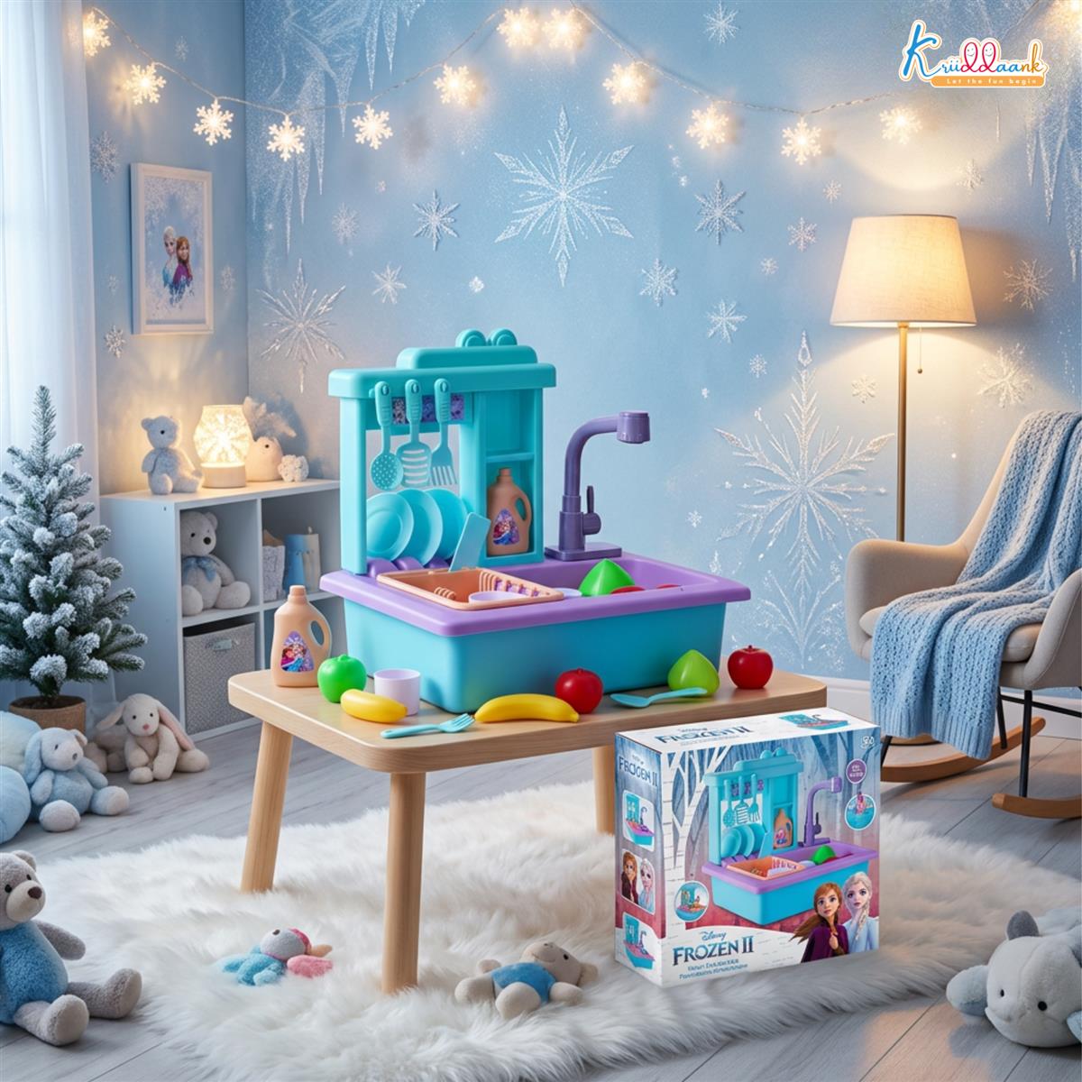Kriiddaank Frozen Theme Kitchen Toy Set for Girls - Realistic Sink with Running Water, Electric Faucet, 22 Pcs Utensils & Accessories, Pretend Play Cooking & Baking Set for Kids Age 3+ (Turkish Blue)