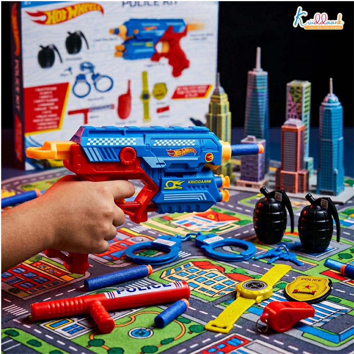 Kriiddaank Police City Hero Blaster Play Set for Kids 4+ - Complete Police Kit with Toy Gun, 10 Soft Darts, Handcuffs, Badge, Walkie-Talkie, Police Baton & Accessories - Blue Role Play Toy Set