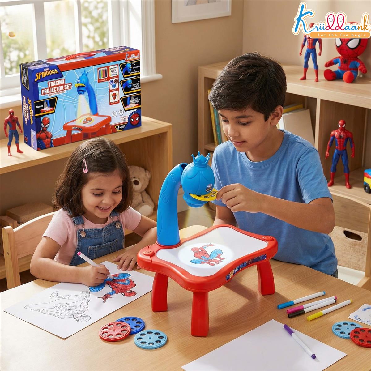 Kriiddaank Spiderman Tracing Projector Set for Kids - Art Drawing Toy with 24 Patterns, 3 Slides, Markers & Paper - Creative Educational Learning Sketching Kit for Children Ages 3+