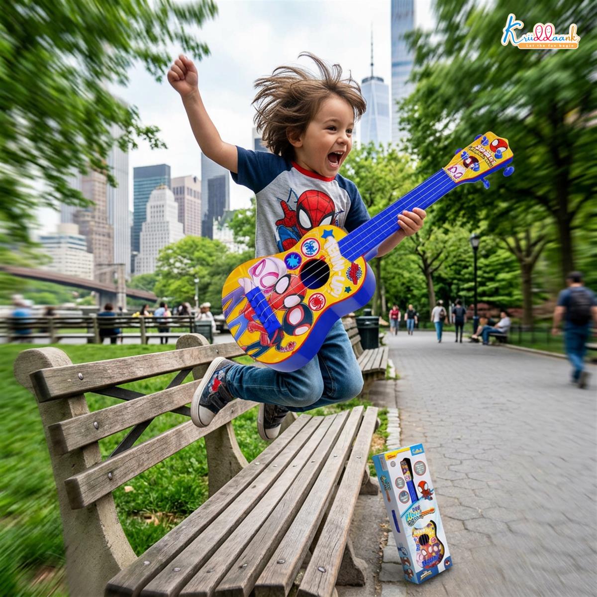 Spiderman Big Toy Guitar for Kids - 4 Adjustable Strings, Fingerstyle Tab & Pick - Portable Educational Musical Instrument Toy for Boys 3+ Years - Perfect Birthday Gift, Blue