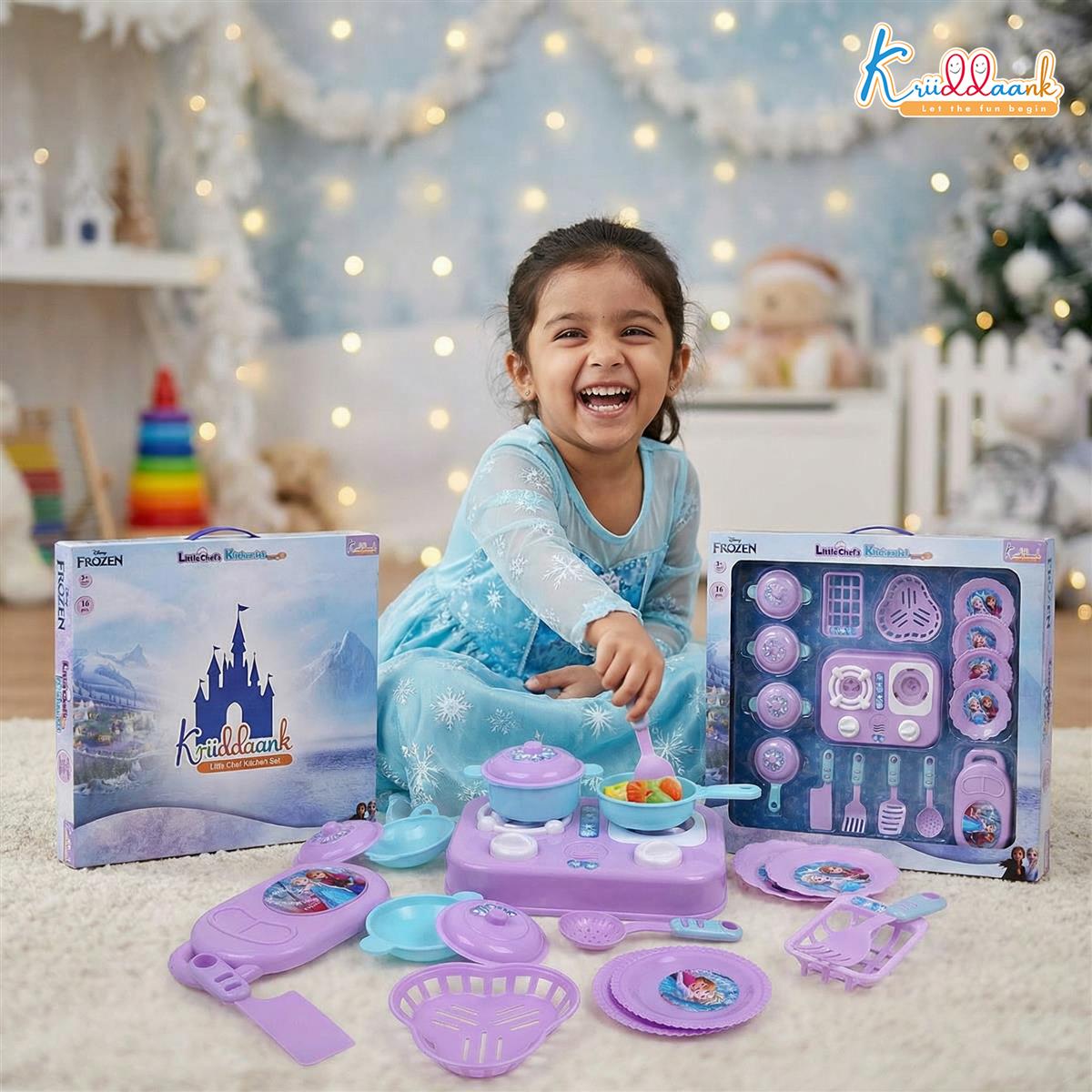 Kriiddaank Frozen Little Chef Kitchen Set for Kids - 16 Pcs Pretend Play Cooking & Baking Toy with Lights & Music, Portable Kitchen Playset for Toddlers & Girls Age 3+ Years (Multicolor)