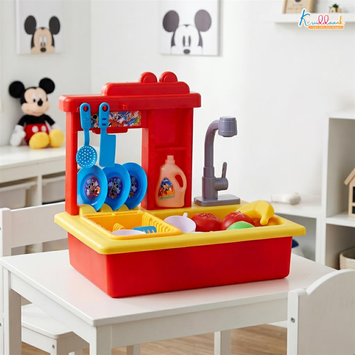 Kriiddaank Mickey Toy Kitchen Sink - 22 Pc Pretend Play Kitchen Set with Electric Running Water Faucet, Automatic Water Recycling System & Dishes - Disney Mickey Theme Role Play Toy for Kids 3+