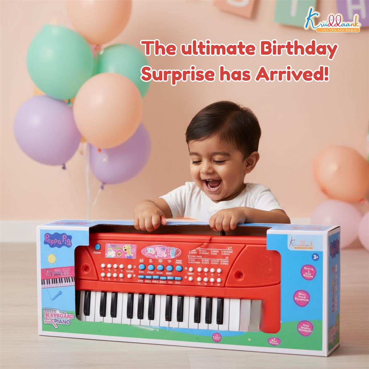 Peppa Pig Theme Musical Keyboard Piano for Toddlers with Microphone & USB - Educational Learning Toy for Kids 3+ Years - 8 Rhythms, 8 Instrument Sounds, Non-Toxic & Child Safe (Pink)