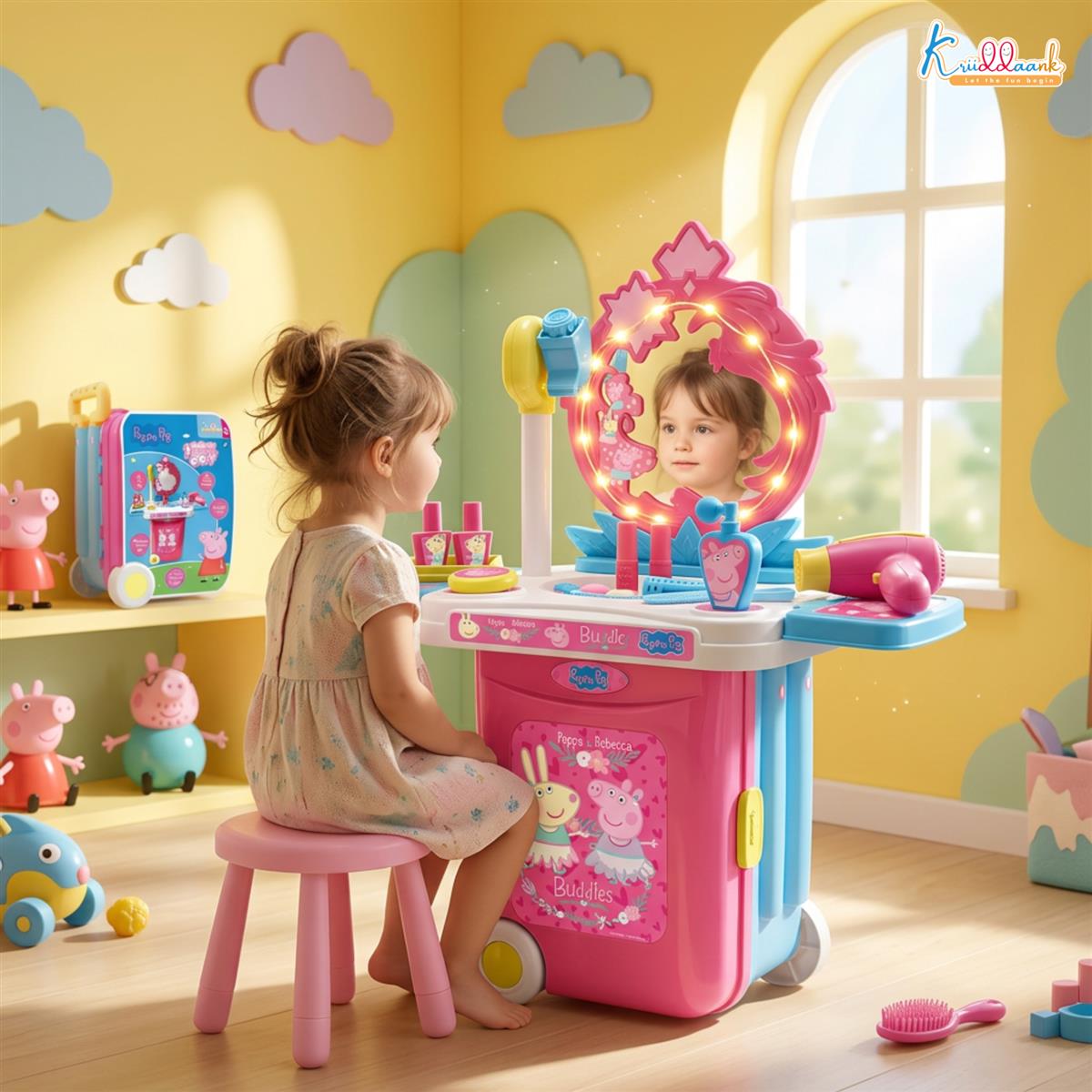 Kriiddaank Peppa Pig Dressing Set & Makeup Trolley Kit for Girls, 15 Pcs Pretend Play Beauty Set with Music & Lights, Educational Role Play Toy for Kids 3+ Years (Pink)