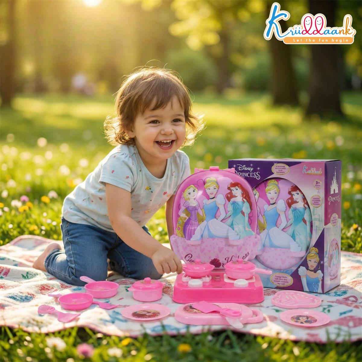 Kriiddaank Princess Backpack Kitchen Set for Kids - 21 Pcs Pretend Play Cooking Toy with Music, Portable Travel Carry Case Playset for Girls 3+ Years Old (Pink, Non-Electric)