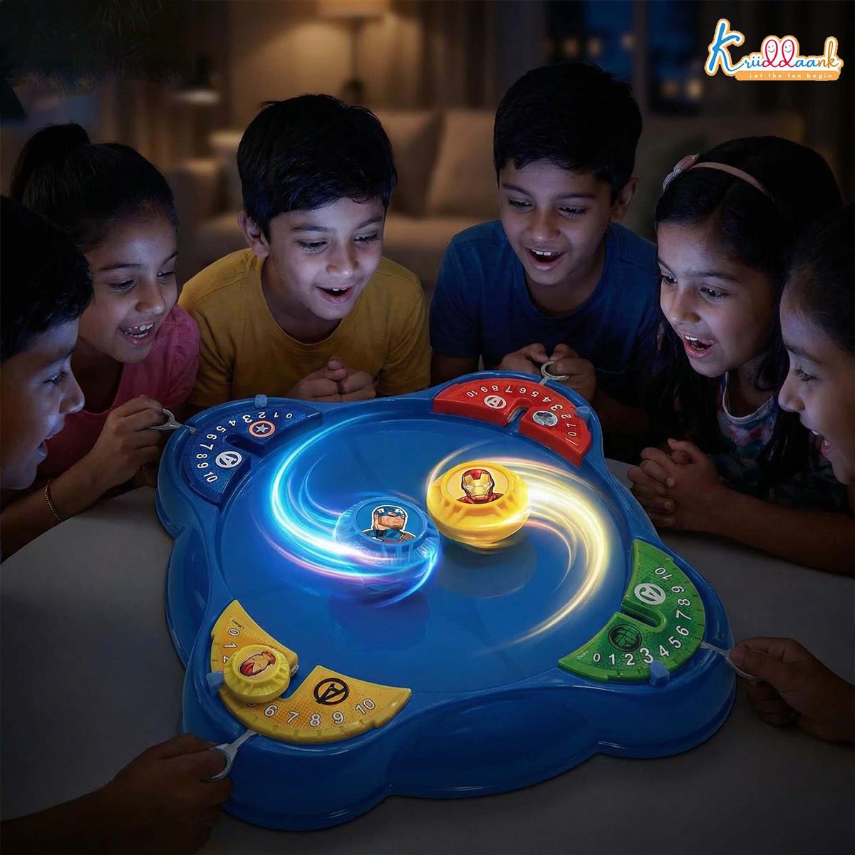 Kriiddaank Marvel Avengers Theme Spinning Top Battle Set - Includes 1 Arena Base, 4 Rip Cords & 4 Tops - Action-Packed Multiplayer Game for Kids 5+ - Perfect Superhero Gift for Boys & Girls