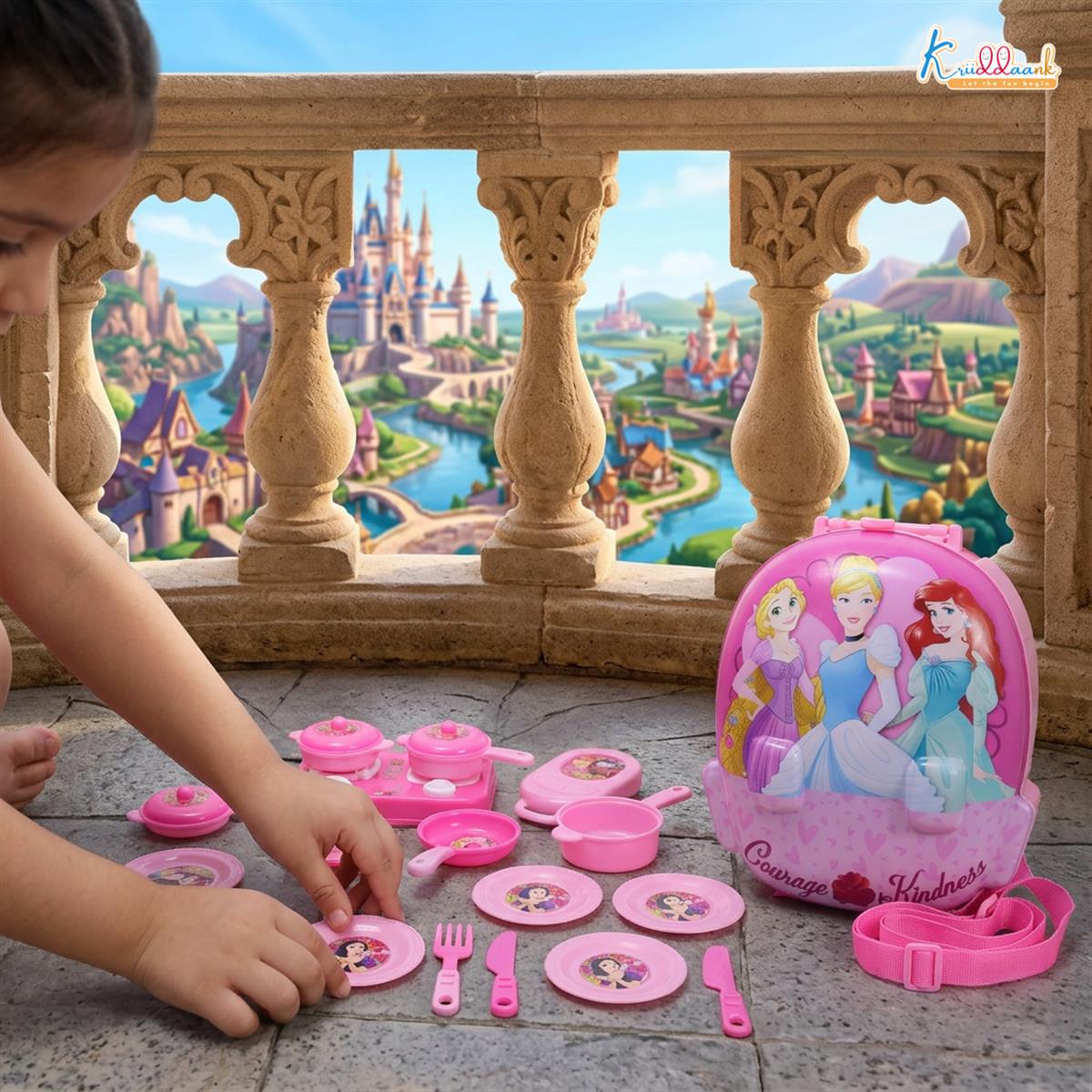 Disney Princess Backpack Kitchen Gift Set for Kids - 21 Pcs Pretend Play Cooking Toy with Music, 2-in-1 Portable Backpack Kitchen Set for Girls, Includes Accessories, Pink, Ages 3+