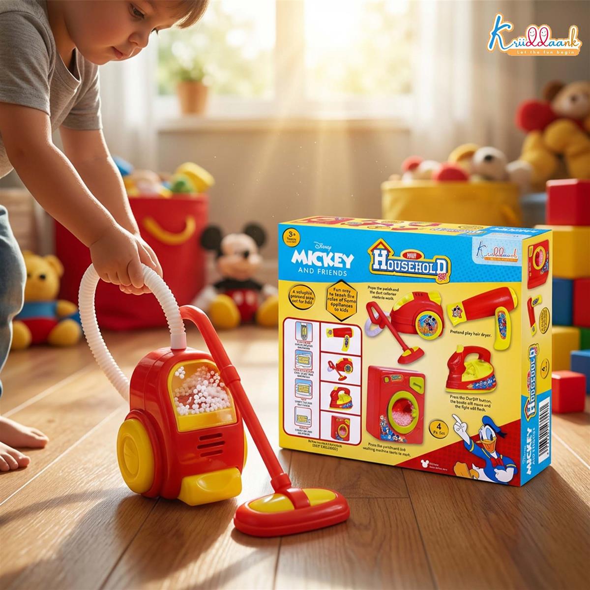 Disney Mickey Mini Household Set (4pcs) - Toy Hair Dryer, Vacuum Cleaner, Washing Machine & Iron - Battery Operated Role Play Set for Kids 3+ - Fun & Educational Red/Multicolor Gift