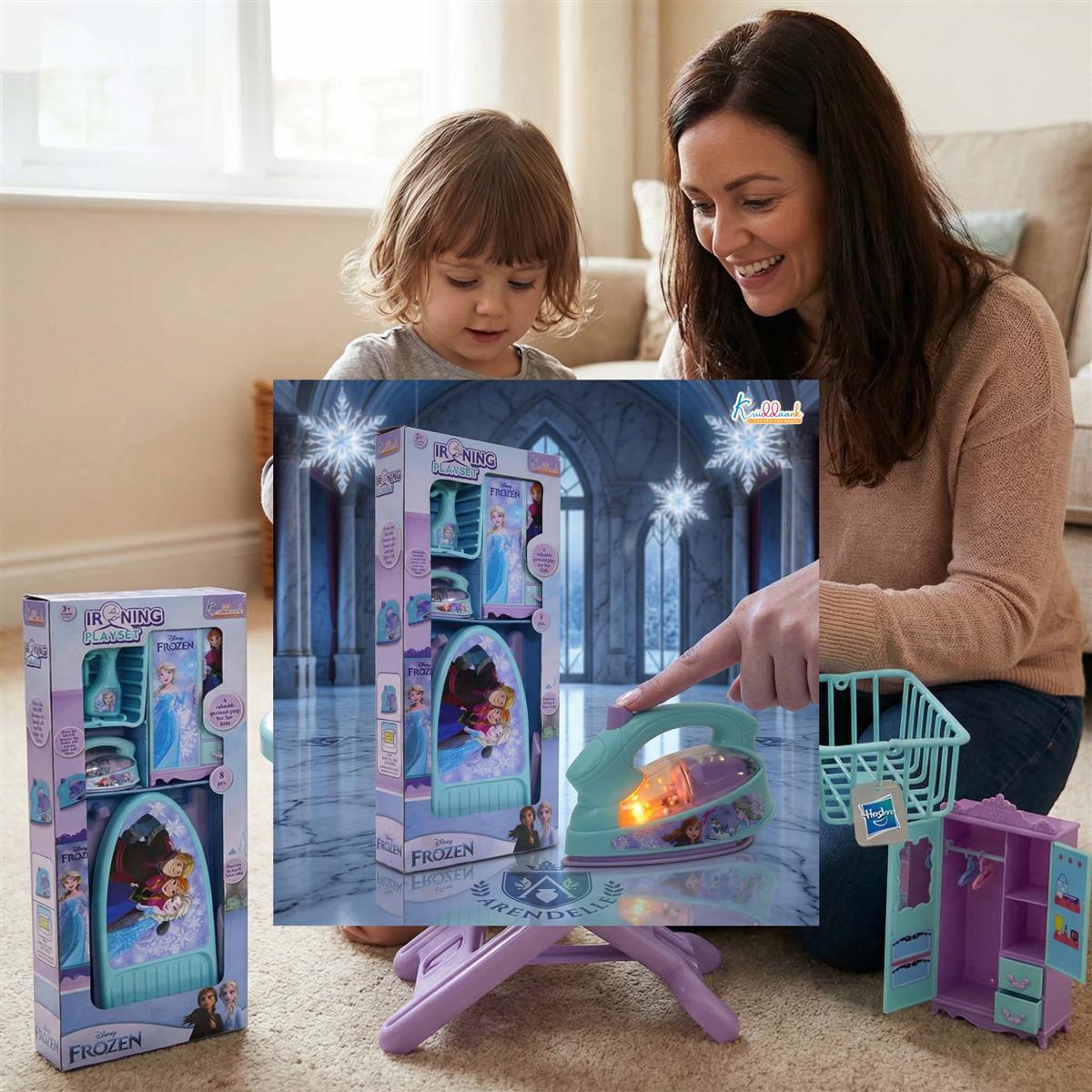 Frozen Portable Iron Playset with Elsa & Anna - 8-Piece Ironing Toy Set with Realistic Light, Sound & Accessories - Educational Pretend Play Household Toy for Kids & Toddlers 3+