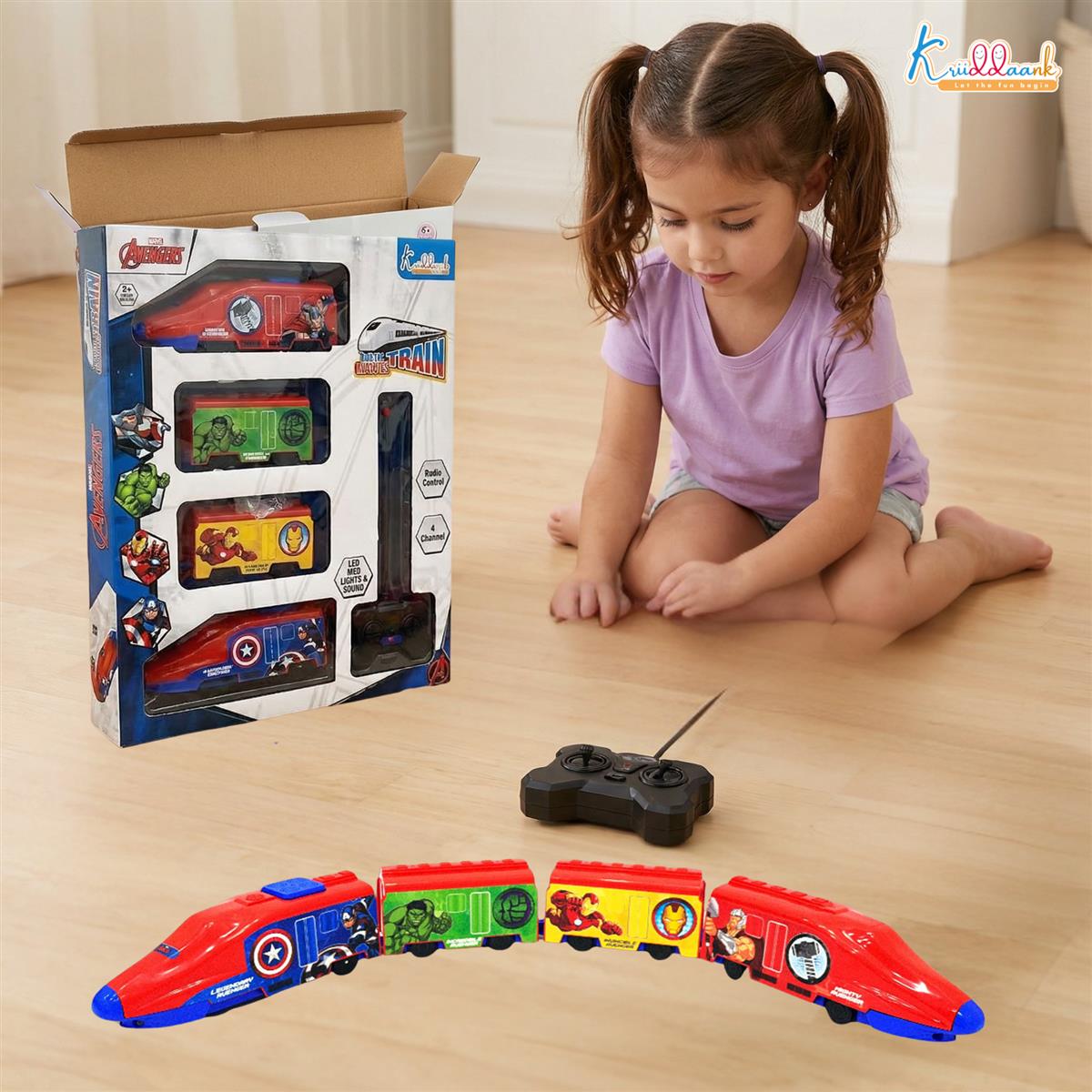 Kriiddaank Avengers Theme RC Train Toy for Kids - Rechargeable Remote Control EMU Express Train with LED Lights & Sound Effects, Superhero Railway Set for Boys & Girls 3+ Years (Blue)