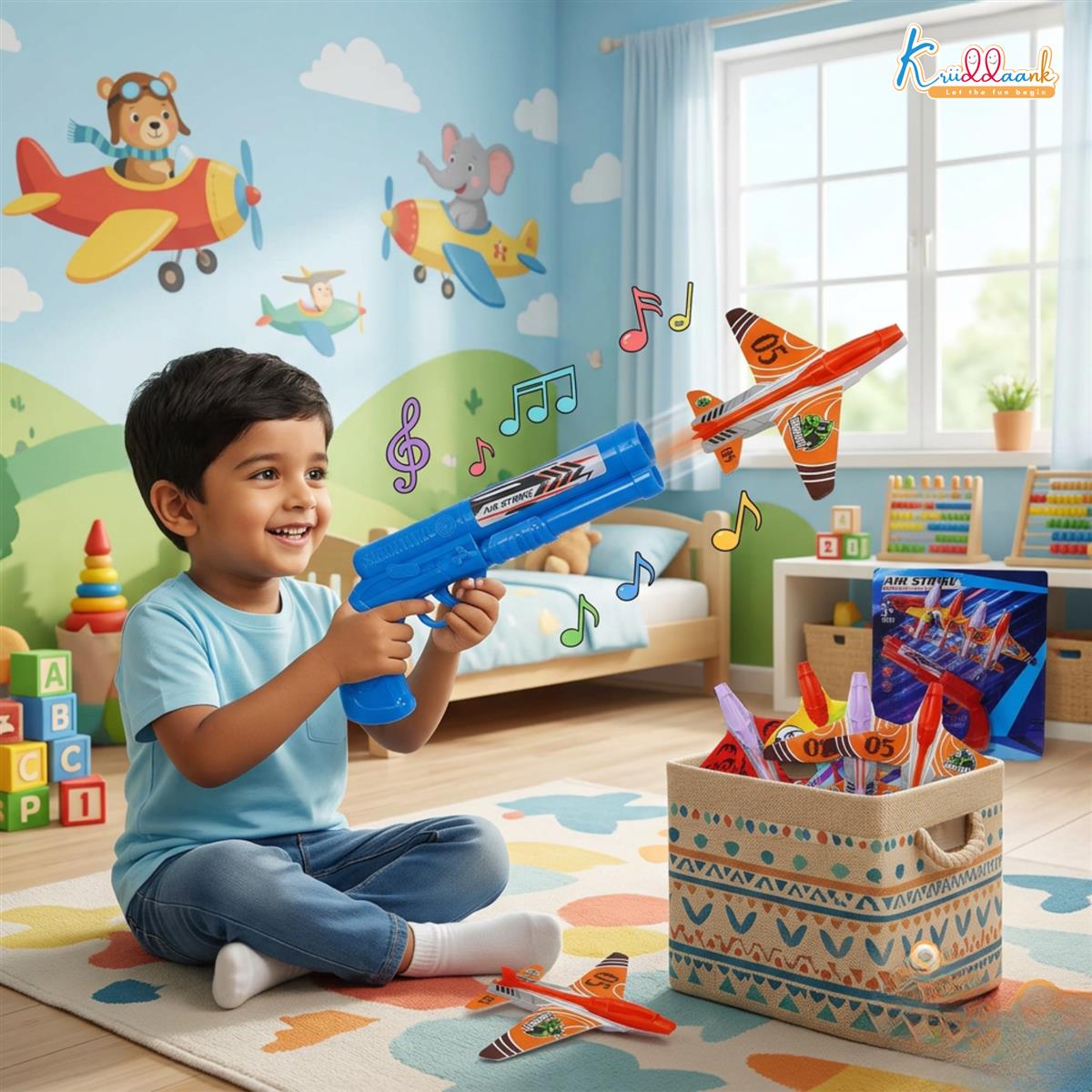Kriiddank Soft Aircraft Launcher Toy - Includes 4 Foam Glider Planes - Blue Manual Catapult Gun for Kids 3+ Years - Safe & Educational Outdoor Flying Toy