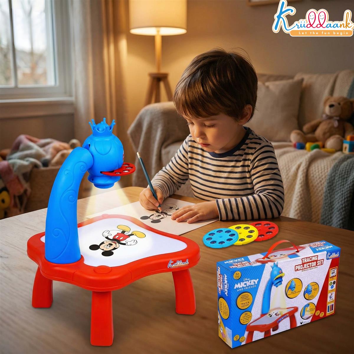 Kriiddaank Mickey Mouse Tracing Projector for Kids - Complete Drawing Set with 24 Patterns, 3 Slide Discs, Markers & Paper - Educational Art & Craft Toy for Boys & Girls Ages 3+ (Red)