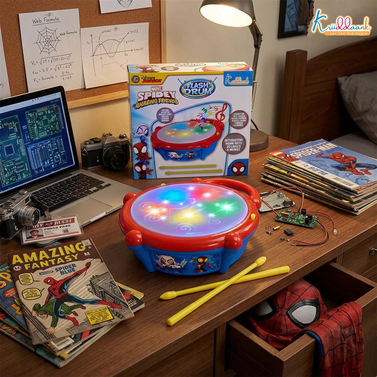 Marvel Spiderman Theme Flash Drum for Kids - Interactive Musical Toy with 5-Color 3D Lights & 9 Songs - Superhero Gift for Boys & Girls 3+ Years - Safe, Educational & Engaging Play