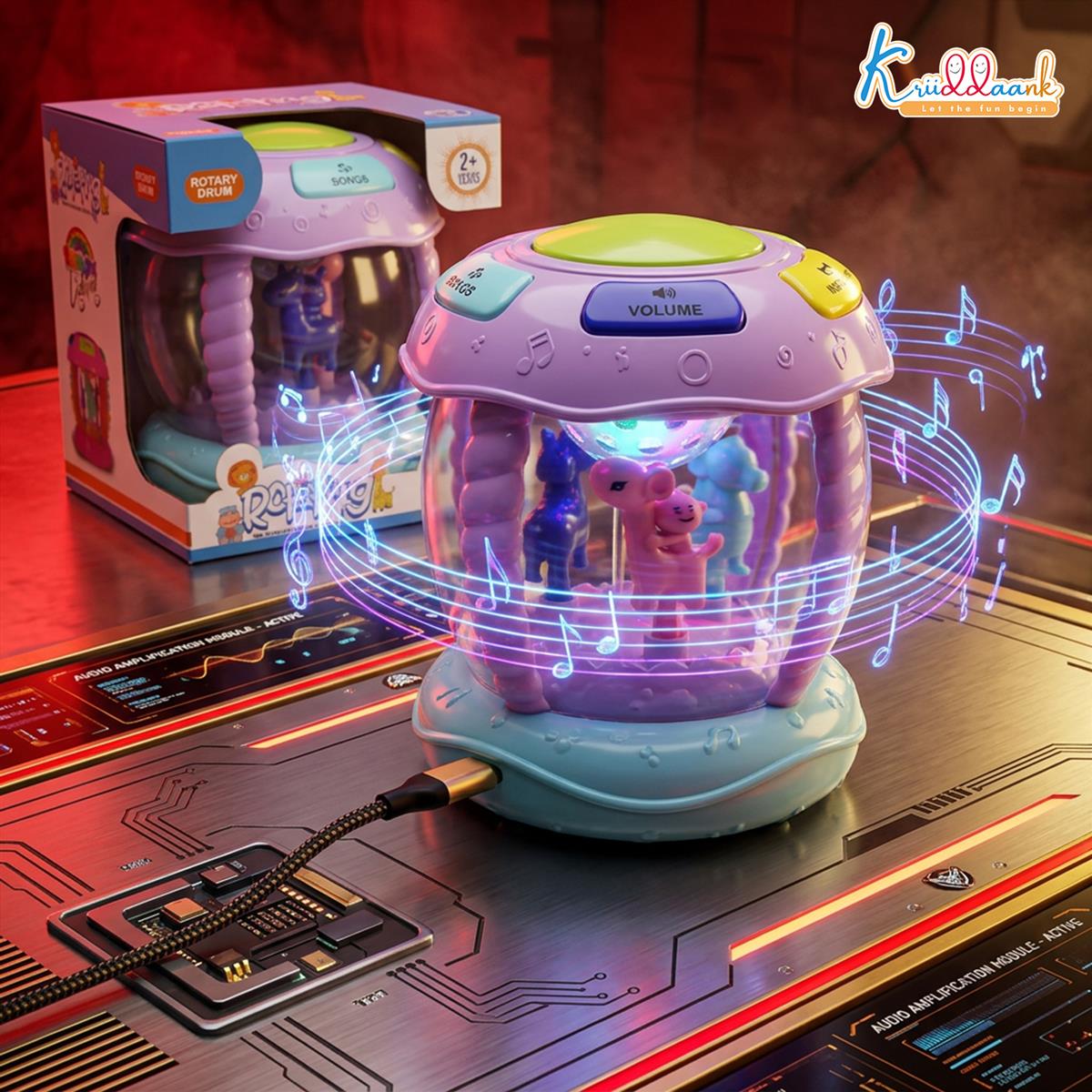 Kriiddaank Rotating Drum Musical Toy for Kids 3+ Years - Interactive Musical Instrument with Nursery Rhymes, Projection Lights, USB Charging, & Motor Skill Development - Multicolor