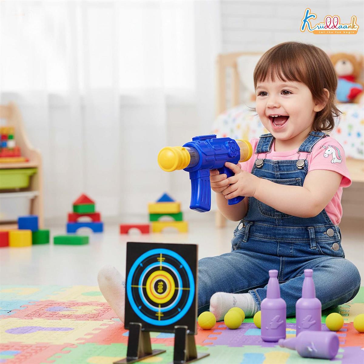 Kriiddank Foam Dart Gun Soft Ball Air-Powered Blaster Toy for Kids - Shooting Game with Target Boards & 16 Pieces - Safe Foam Ball Shooter for Boys & Girls 3+ Years (Yellow)