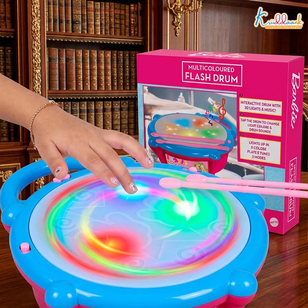 Barbie Electronic Flash Drum with 3D Rhythm Lights & Music | Educational Musical Toy for Kids 3+ Years | Interactive Pink Drum with 9 Songs & 5 Color-Changing Lights | Safe & Engaging Play