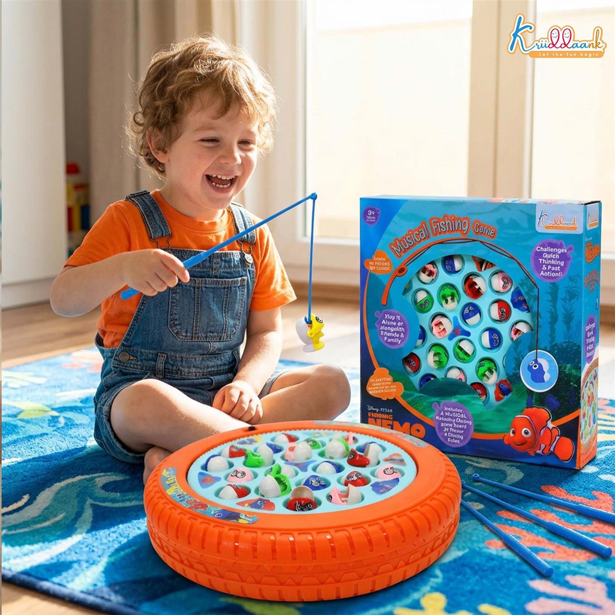 Kriiddaank Nemo Theme Musical Fishing Game - Battery Operated Rotating Board with 21 Fishes & 4 Fishing Poles - Educational & Interactive Learning Toy for Kids Ages 3+ (Multicolor)