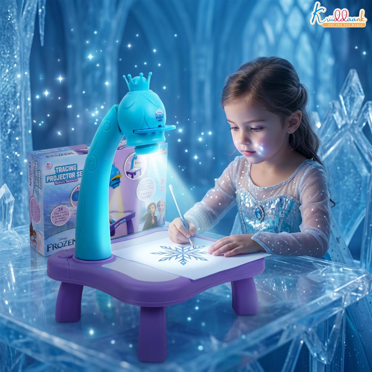Kriiddaank Frozen Tracing Projector for Kids - Complete Art Drawing Projector Set with 24 Patterns, 3 Slides, Markers & Stencils - Creative Learning Toy for Boys & Girls 3+ Years, Turkish Blue