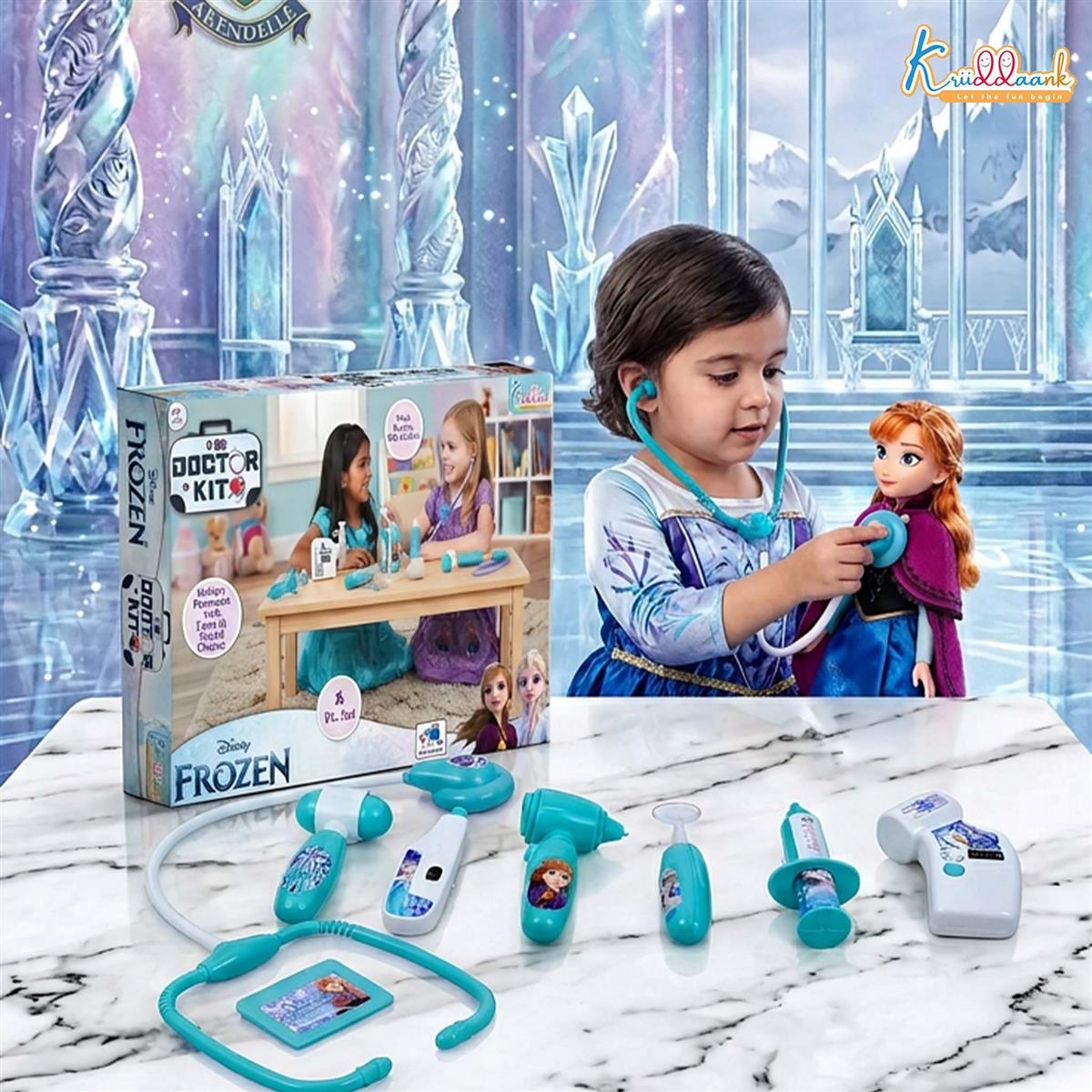 Kriiddaank Frozen Doctor Kit for Kids - 8 Piece Medical Play Set with Stethoscope, Syringe & Accessories - Non-Electric Pretend & Role Play Toy for Girls 3+ Years (Turkish Blue)