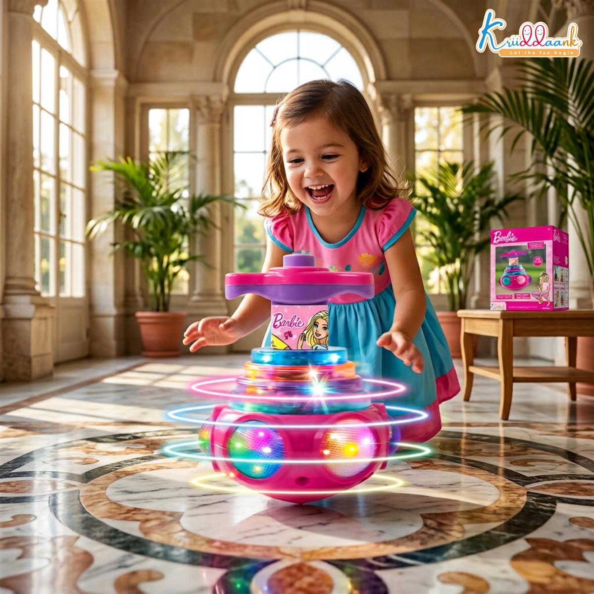 Dizzy Glow Top Barbie - Musical Spinning Top Toy with 360 Degree Rotation, Vibrant Flashing Lights & Sound Effects, Child-Safe Pink Battery Operated Toy for Kids 3+ Years Old