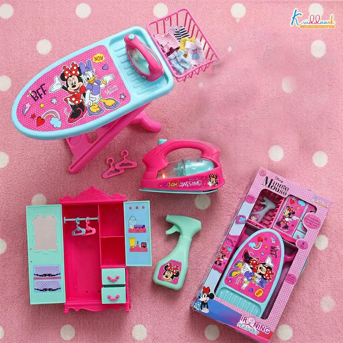 Minnie Mouse Iron Playset for Kids - 8 Piece Portable Ironing Stand & Cupboard Set with Lights & Sounds - Pink Pretend Play Household Toy with Water Spray, Basket & Hanger for Girls Age 3+