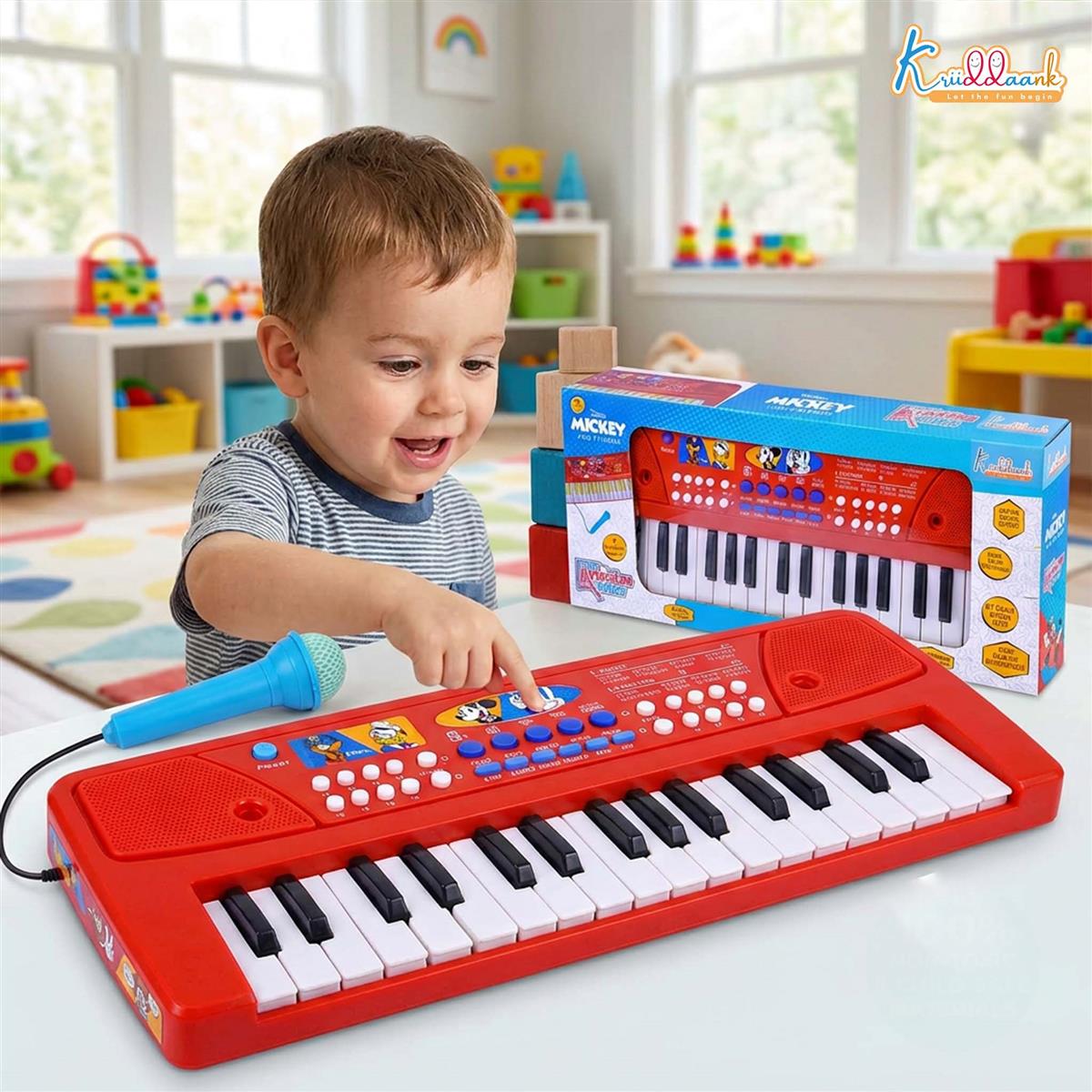 Mickey 37-Key Keyboard Piano for Kids with Microphone | 8 Rhythms & 8 Instrument Sounds, USB & Battery Powered | Musical Educational Toy for Boys & Girls Age 3+ - Red